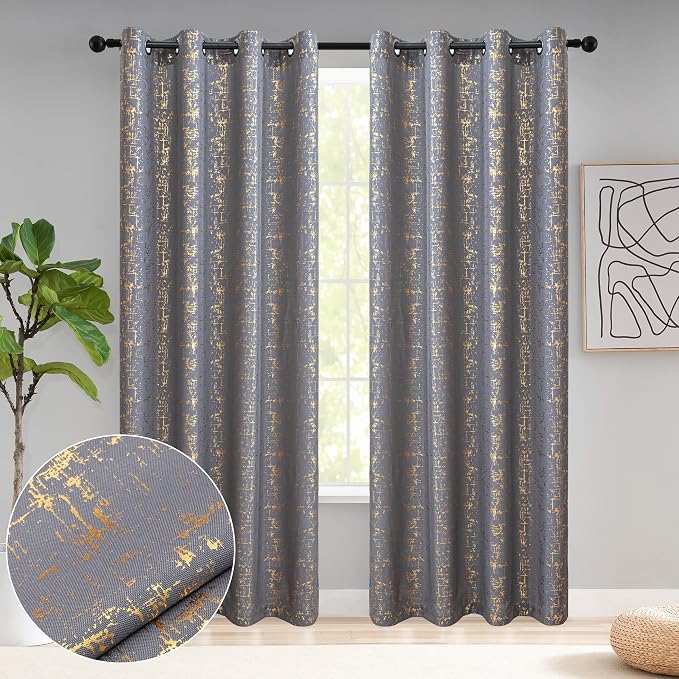 Taisier Home Gold Foil Print Linen Textured Curtains Geometric Dots Pattern by TaisierHome
