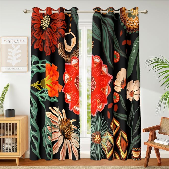 Tyrot Black Red Boho Floral 100% Blackout Curtains - Image 2