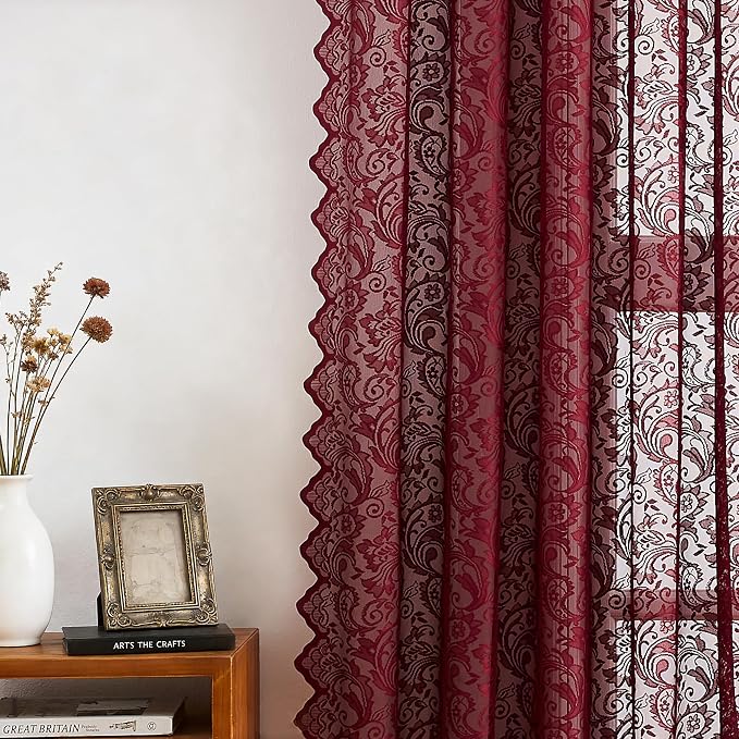 Bujasso Burgundy Red Lace Sheer Curtains - Image 3