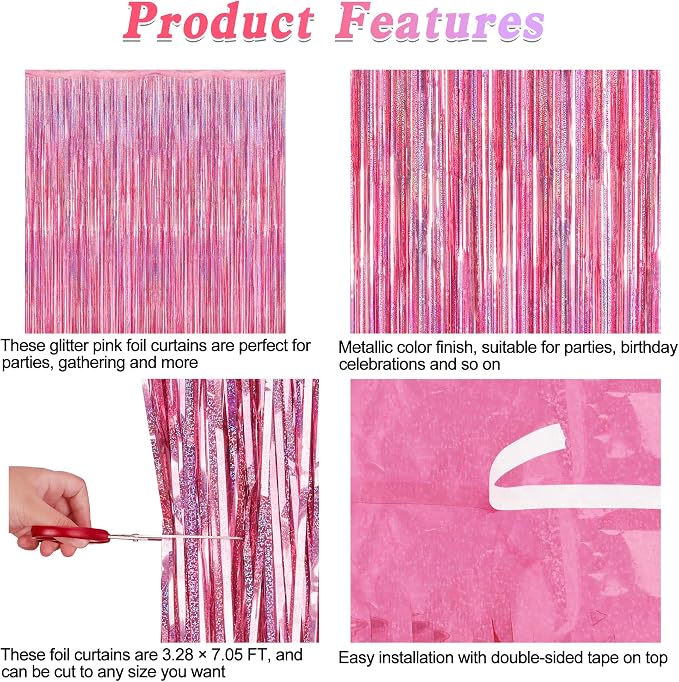 12 Pack Pink Backdrop, 3.28 FT x 7.05 FT Foil Streamers, Metallic Glitter - Image 4