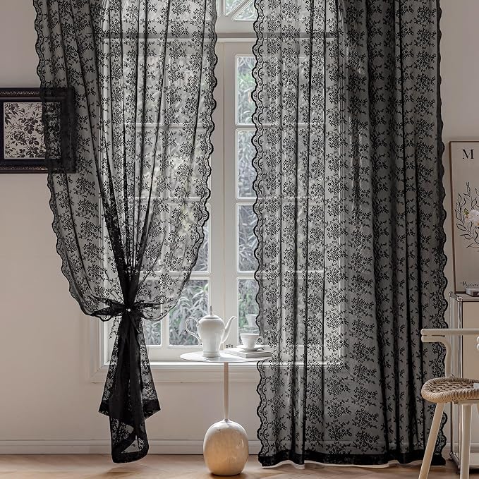 Anmao Vintage Lace Kitchen Curtains 24 Inches Long 2 Panels, Romantic Semi - Image 4