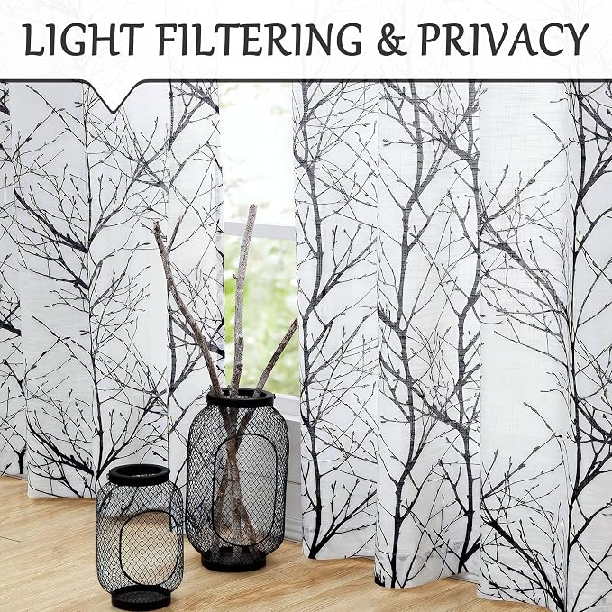 FMFUNCTEX Linen Black White Semi Sheer Print Curtains 63 Inch Long 2 Panels | - Image 3