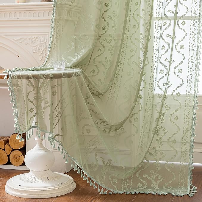 WAZZIO Boho Lace Curtains 2 Panels 72 Inch -Vintage Victorian Sheer Panel Drape - Image 5