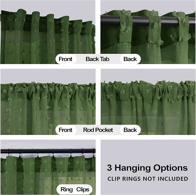 KOUFALL Olive Green Curtains for Living Room Bedroom, Sheer Boho Pom Pom - Image 3