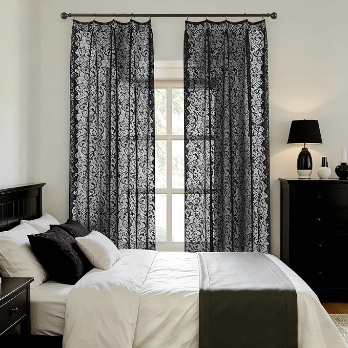 Bujasso Black Lace Pinch Pleat Curtains 63 inch, Gothic Vintage Floral Sheer - Image 8