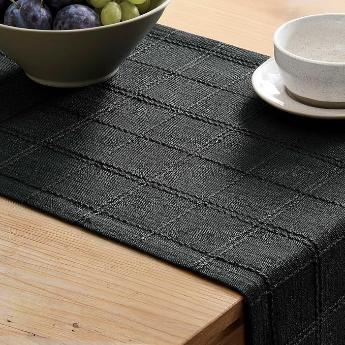 Linen Checked Farmhouse Table Runner, 13x90 Inches Black | Raised Grid Design - Image 5