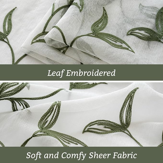 Sheer Curtains Boho Leaf Floral Embroidered Green 54Wx96L | Light Filtering - Image 7