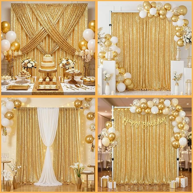 Sequin Backdrop Gold Curtains 4 Pcs 2ftx8ft Glitter Shimmer Fabric | Sparkly - Image 2