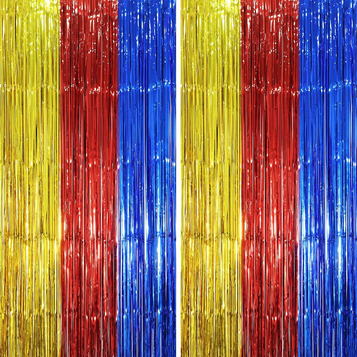 2 Pack Blue Red Gold Foil Fringe Backdrop Curtains, Tinsel Streamers Party Decorations, Fringe Backdrop, Door Shimmer for Birthday Party