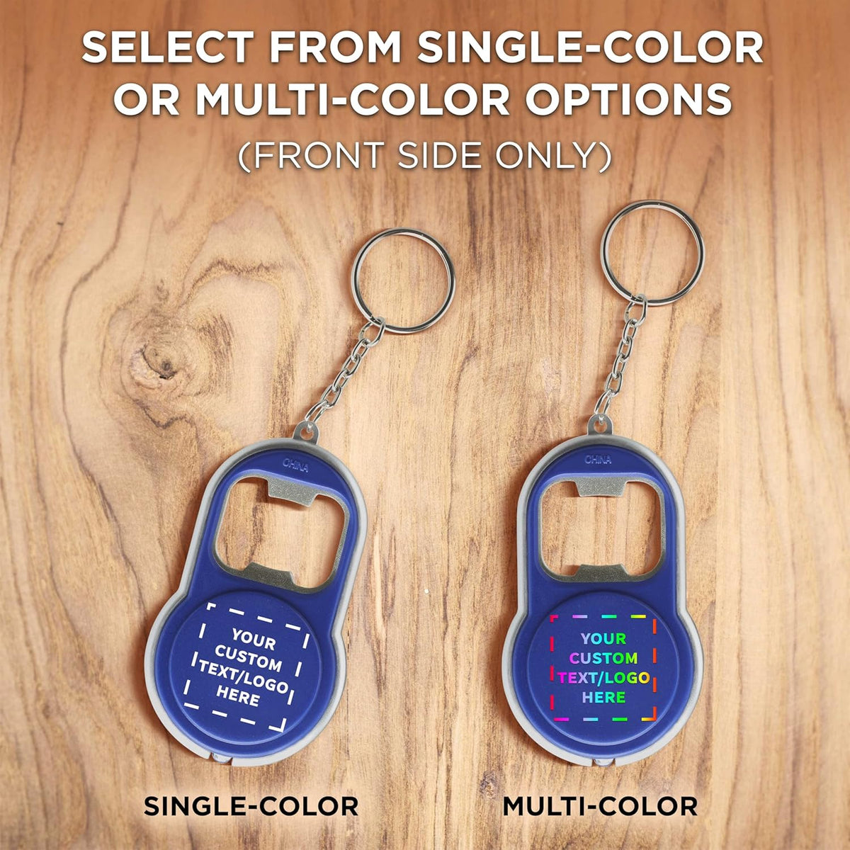 DISCOUNT PROMOS Custom Bottle Opener & LED Keychains Set of 10, Personalized Bulk Pack - Perfect for Tradeshows, Party Favors, Other Events - Blue