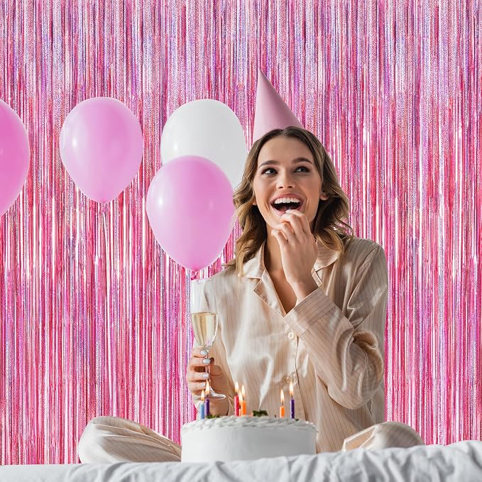 4 Pack Pink Backdrop, 3.28 FT x7.05 FT Foil Fringe Curtains, Metallic Glitter - Image 5