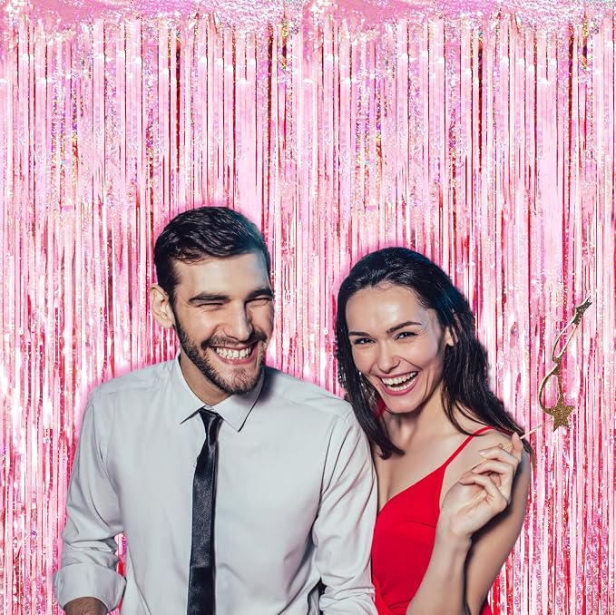 Voircoloria 3 Pack 3.3x8.2 Feet Laser Pink Foil Fringe Backdrop Curtains - Image 7