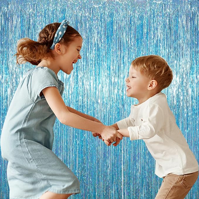 Voircoloria Light Blue Foil Fringe Backdrop Curtains, Birthday Party Decorations - Image 6