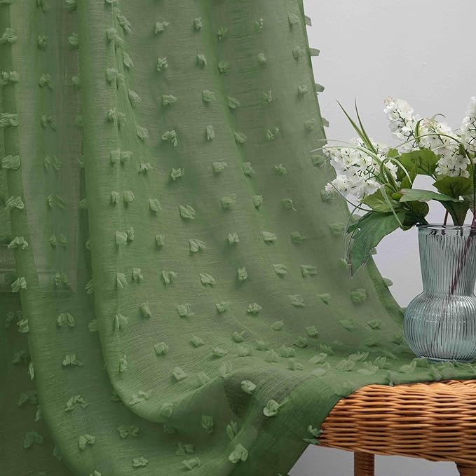 KOUFALL Olive Green Curtains for Living Room Bedroom, Sheer Boho Pom Pom by KOUFALL