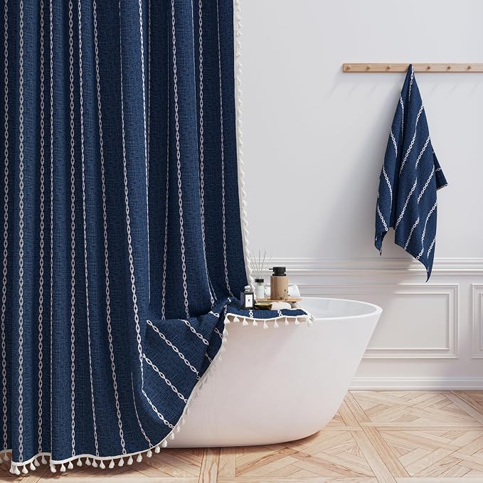 72x96 Extra Long Boho Linen Heavy Duty Shower Curtain Set, 330GSM Linen Blend by ShowerCurtain
