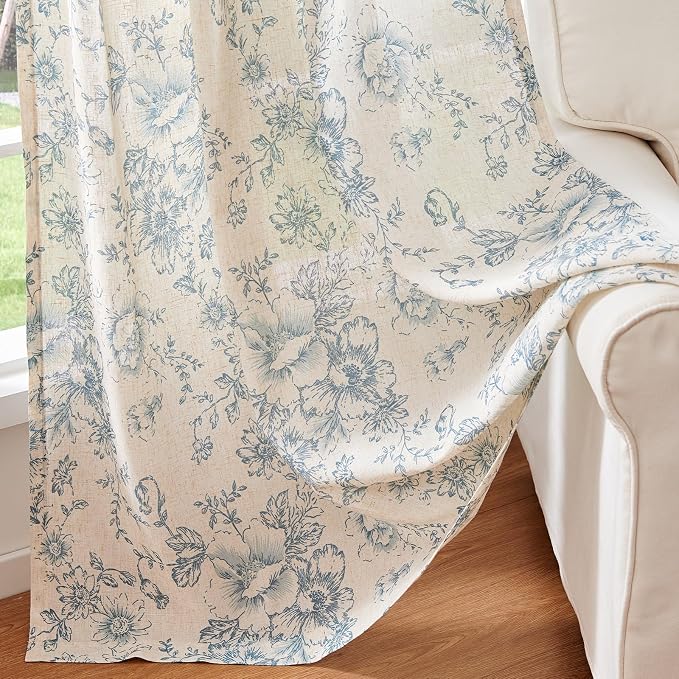 jinchan Blue Floral Linen Curtains 45 Inch Vintage Back Tab 2 Panels | Light - Image 5
