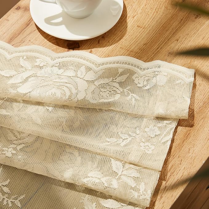 SEEKRIGHT Beige Lace Curtains 80 Inches Long Victorian Floral Lace Curtains - Image 7