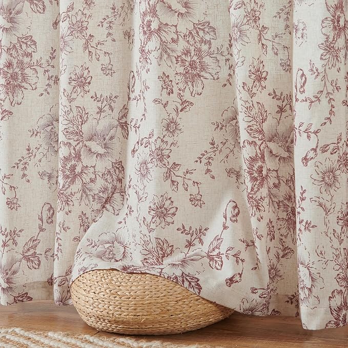 jinchan Red Floral Linen Curtains 96 Inch Farmhouse Back Tab 2 Panels | Light - Image 8