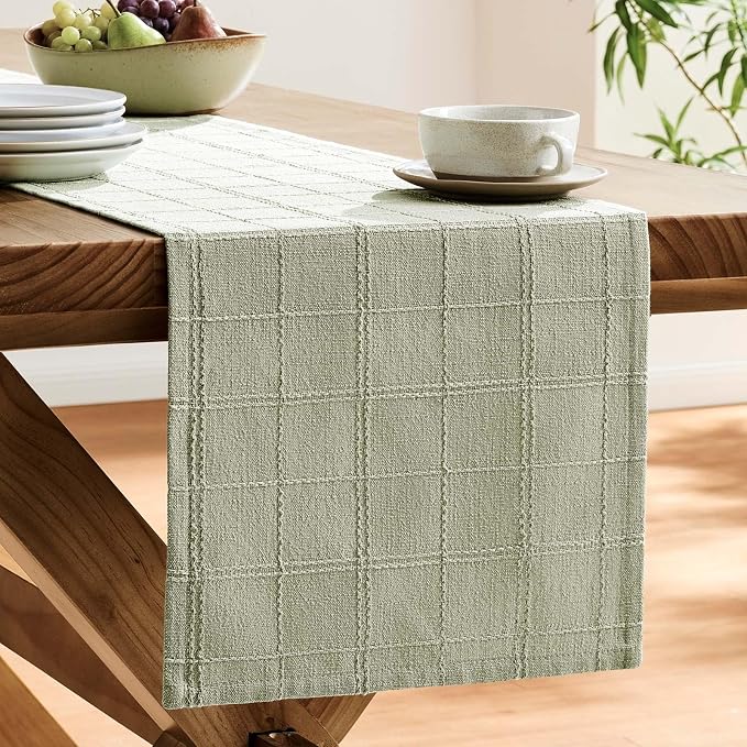 Linen Checked Farmhouse Table Runner, 13x90 Inches Seeding Green | Raised Grid - Image 4