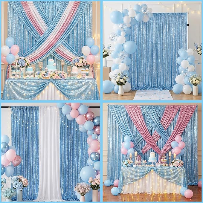 Baby Blue Sequin Curtains Backdrop 6 Pcs 2FTx8FT Shiny Shimmer Fabric | Glitter - Image 2