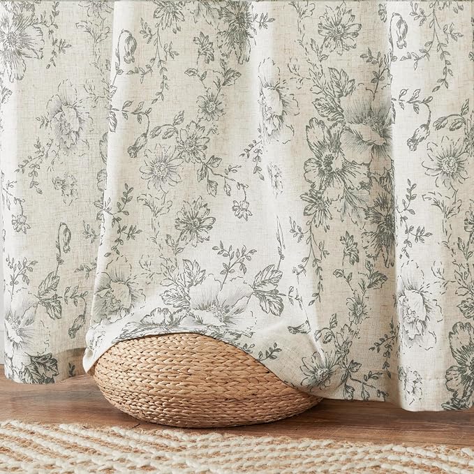 jinchan Gray Floral Linen Curtains Lined 63 Inch Vintage Back Tab 2 Panels | - Image 8