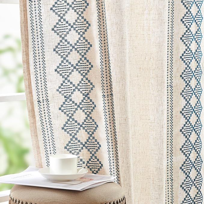 jinchan Floral Linen Curtains Embroidered Back Tab 50x84in 2 Panels Blue | by JINCHAN