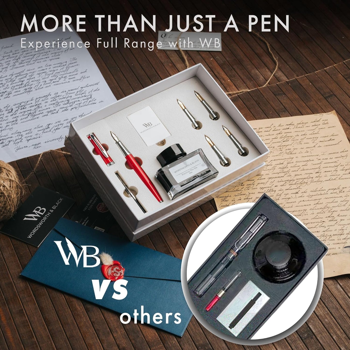 Wordsworth & Black Fountain Pen Gift Set, Includes Bottle, 6 Cartridges Refill Converter, 4 Replacement Nibs, Premium Package, Journaling, Calligraphy, Smooth Writing Pens [Red Chrome]