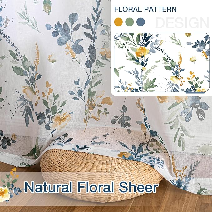 MYSKY HOME Yellow and Blue Sheer Floral Curtains 102 Inch Length 2 Panels | - Image 5