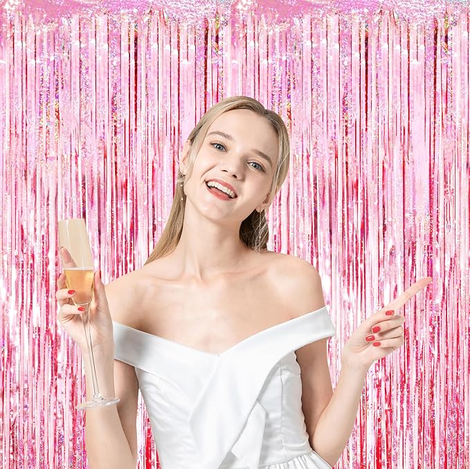 Voircoloria 3 Pack 3.3x8.2 Feet Laser Pink Foil Fringe Backdrop Curtains - Image 6