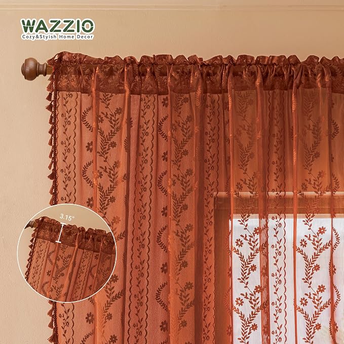 WAZZIO Boho Lace Curtains 84 Inch 2 Panels-Vintage Sheer Panel Drape Floral - Image 7