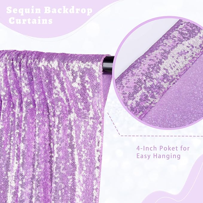 Lavender Sequin Backdrop Curtains Party Photo Glitter Drapes 2 Pcs 2FTx8FT | - Image 2