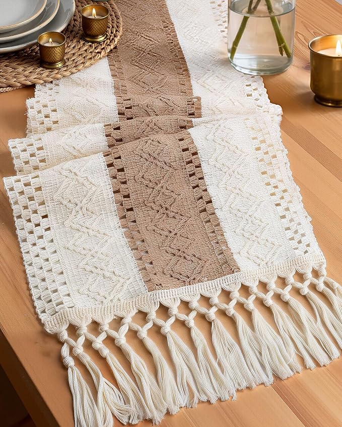 Pureegg Boho Table Runner 12 x 48 Inch, Woven Tassel Design | Dining Table by Pureegg