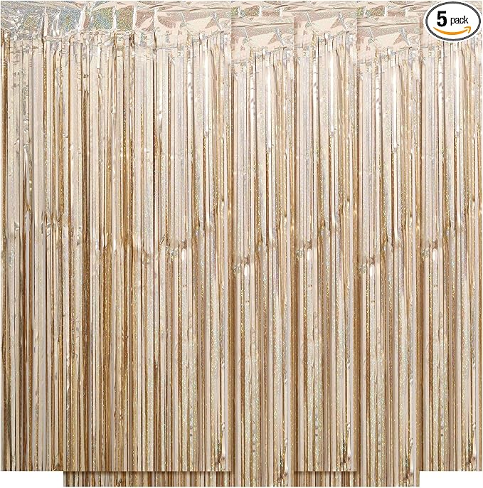 5 Pack Champagne Foil Curtain Backdrop 3.2ft x 9.8ft Metallic Tinsel Foil by Ohiyoo