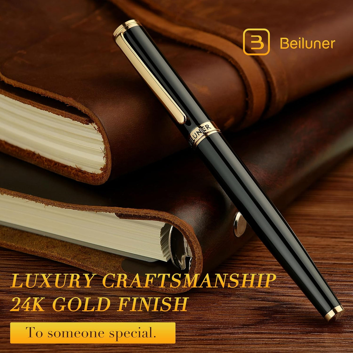 BEILUNER Black Fountain Pen,Stunning Luxury Pens with 24K Gold Accents, Gorgeous 24K Gilded Nib(Medium), Trustworthy Pen Gift for Men&Women -Ink Converter-Elegant, Reliable,Nice Pen for Writing