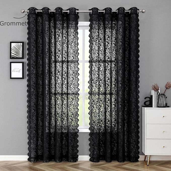 Bujasso Black Sheer Lace Curtains 84 inch Vintage Floral Sheer Gothic Curtain - Image 7