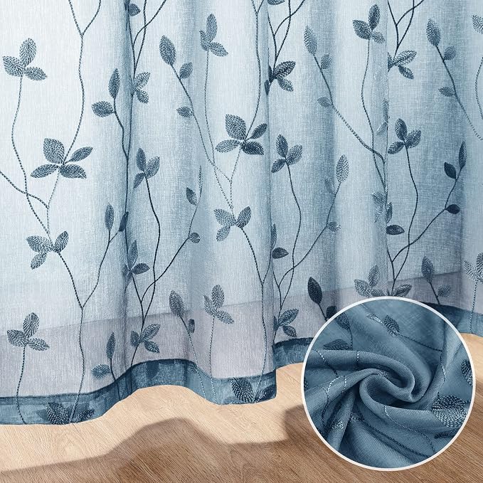 HOMEIDEAS Cyan Blue Sheer Curtains 2 Panels, Embroidered Vine Leaf, W52xL63 | - Image 3