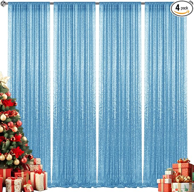 2×8FT-4PCS Blue Sequin Backdrop Curtains Panels, Photography Backdrop Glitter by Pufogu