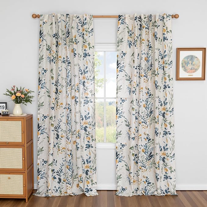 MYSKY HOME Floral Linen Curtains 90 inch Length 2 Panels Set - Image 2