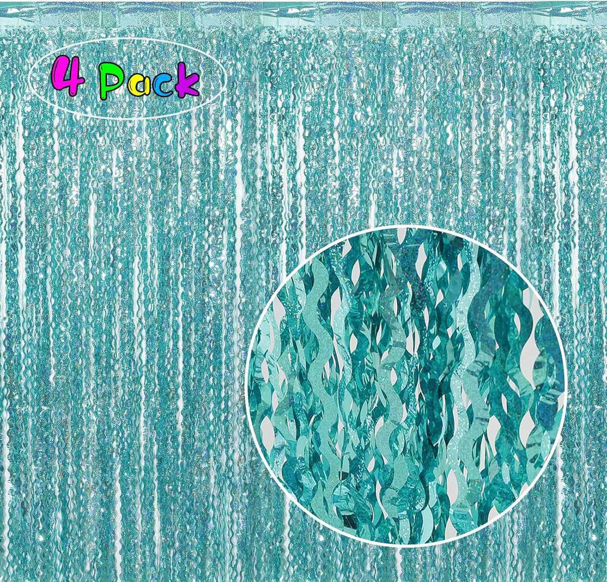 4 Pack 3.3 ft x 6.6 ft Wavy Sparkle Aqua Teal Blue Foil Curtain - Water Blue Foil Streamers for Holiday Bachelorette Ocean Themed Decor Winter Party Decorations Supplies
