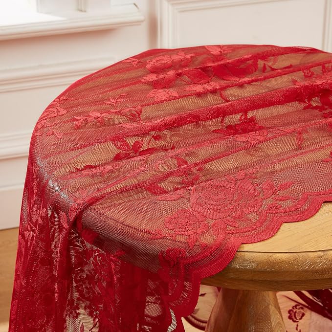 Red Lace Curtains 63 Inch Length 2 Panels Set - Image 7