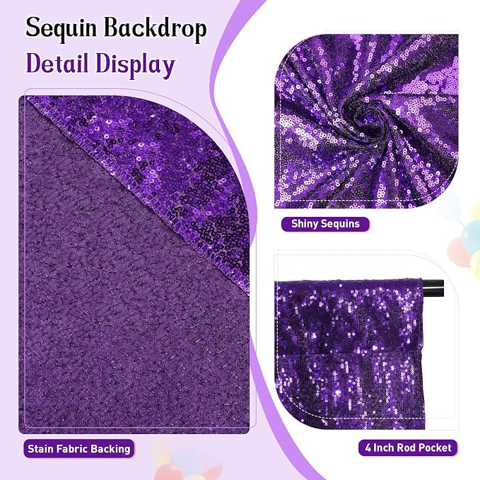SquarePie 8x10ft Purple Sequin Backdrop, High Density Non-Transparent Glitter - Image 2