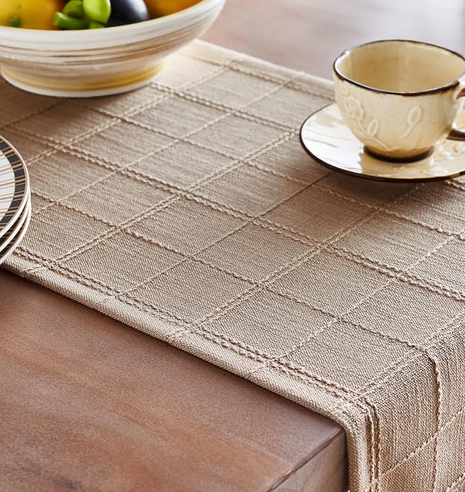 Linen Checked Farmhouse Table Runner, 13x36 Inches Taupe | Raised Grid Design - Image 5