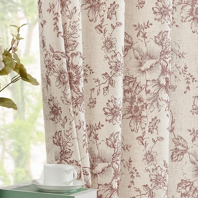 jinchan Red Floral Linen Curtains 108 Inch Farmhouse Back Tab 2 Panels | Light - Image 2