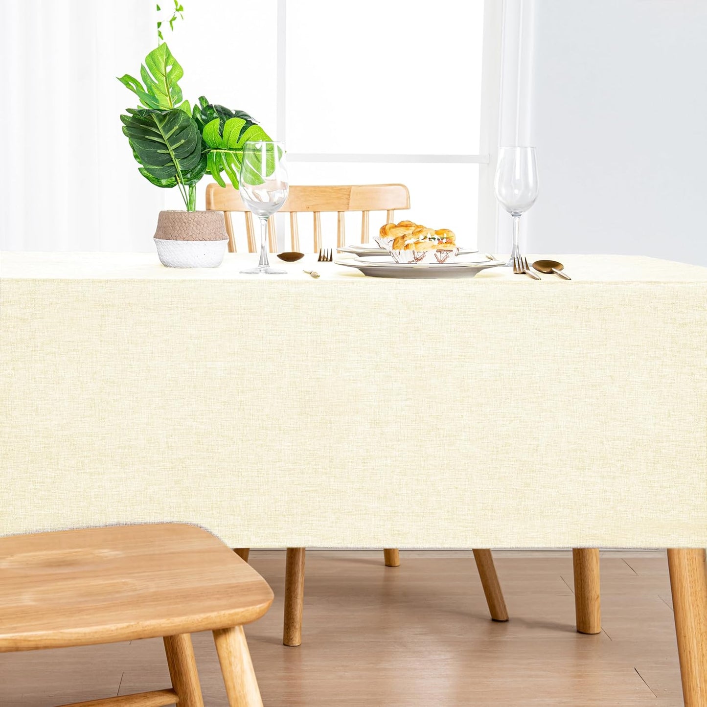 Hiasan 2 Pack Faux Linen Rectangle Tablecloth - Wrinkle and Stain Resistant Washable Table Cloth for Kitchen Dining Room Holiday Table Cover for Party Dinner, Champagne, 60 x 84 Inch