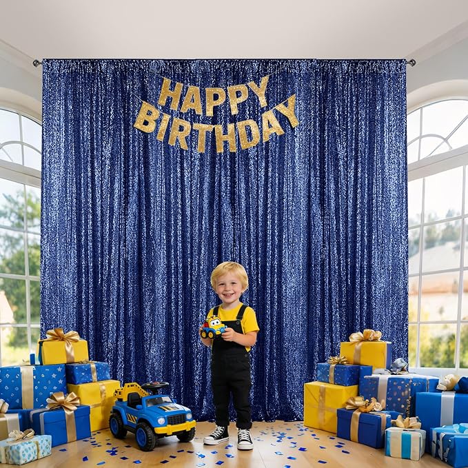 Sugargirl Navy Sequin Backdrop Curtain 7FTx7FT Glitter Navy Background Drapes - Image 2