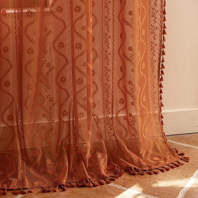 WAZZIO Boho Lace Curtains 84 Inch 2 Panels-Vintage Sheer Panel Drape Floral - Image 6