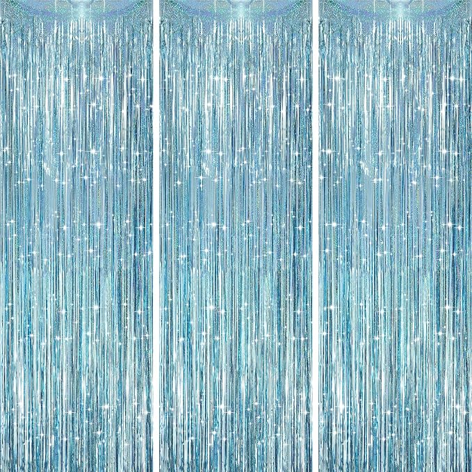 Voircoloria Laser Light Blue Fringe Backdrop Curtains, 3 Pack | Tinsel Streamers by Voircoloria