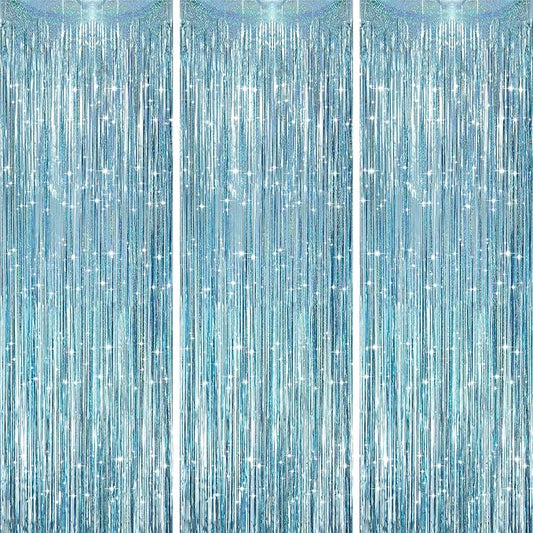 Voircoloria Laser Light Blue Fringe Backdrop Curtains, 3 Pack | Tinsel Streamers by Voircoloria