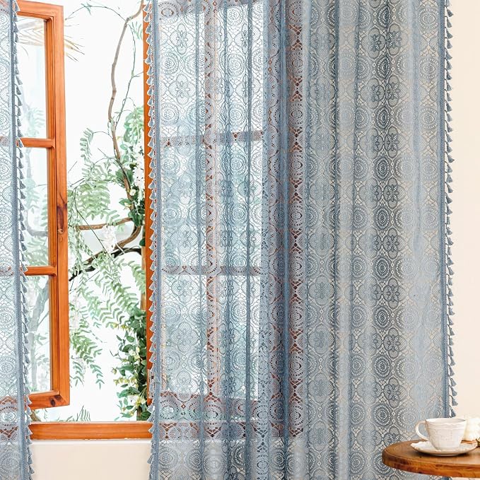 YJ YANJUN Boho Lace Curtains, 59x63 inch, Dusty Blue Sheer Window Panels | Soft - Image 4