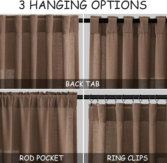 Caramel Brown Linen Semi Sheer Curtains 72 Inches Long 2 Panels Set - Image 2